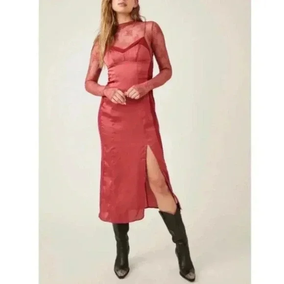 Free People City Cool Midi Slip Dress Venetian Red Size L NWT $98 GORGEOUS - Picture 7 of 16